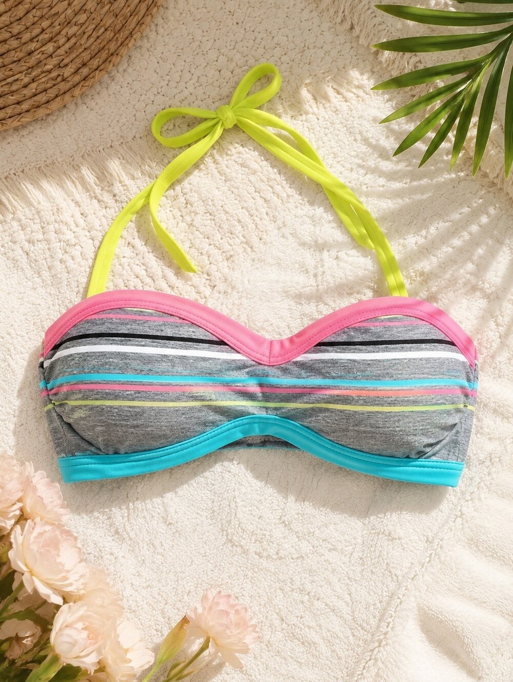 BCA Rebecca Virtue Color Block Stripe Halter Bikini Top Size M Resort Swimwear